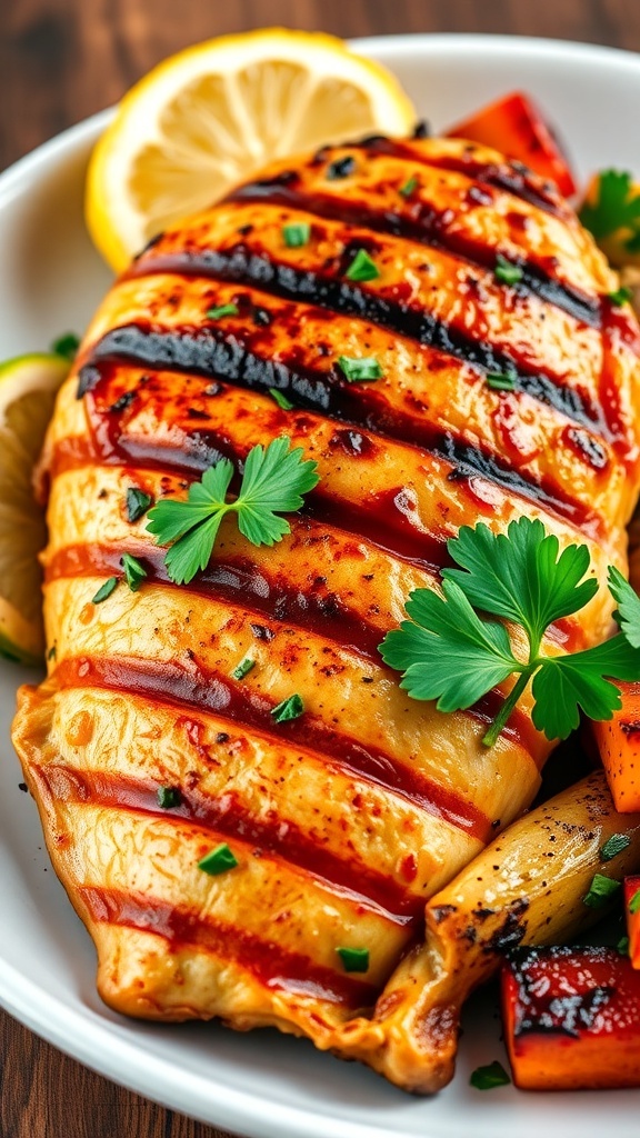 Grilled chicken breast garnished with parsley and served with grilled vegetables on a rustic table.